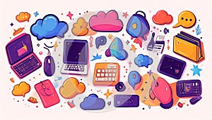 Colorful illustration of various tech devices, clouds, speech bu