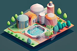 colorful illustration of a wastewater treatment plant with a focus on the biological purification process