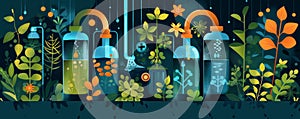 Colorful illustration of water conservation methods with plants and filtration systems