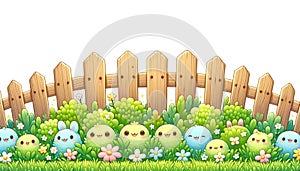 Colorful illustration of a whimsical garden fence scene