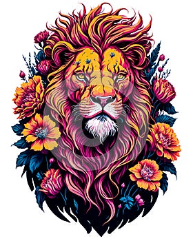 colorful illustration of a wild lion and fantastic flowers