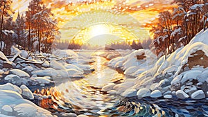 Colorful illustration of a winter landscape with a river and a forest,Generated by AI