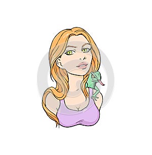 Colorful illustration of woman with lizard in comics style