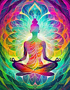 Colorful illustration of woman in lotus yoga position
