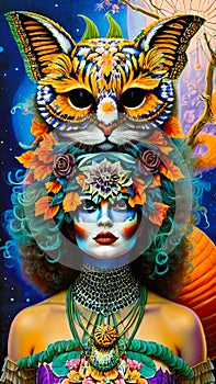 Colorful illustration from a womans head with a cat wearing a mask on top of her