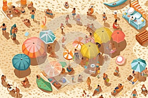 A colorful image of a beach day with friends and family having fun in the sun and sand. Summer illustration