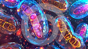 A colorful image capturing the dynamic nature of mitochondria with different shades representing varying levels of