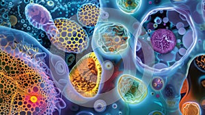 A colorful image of a cells cytoplasm showing the varying shapes and sizes of organelles such as ries Golgi apparatus photo