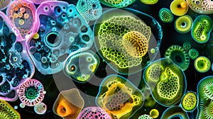 A colorful image of a diverse community of bluegreen algae with different species and shapes of cells ed together