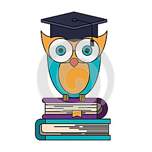 Colorful image of owl knowledge with cap graduation on stack of books