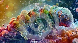 A colorful image of a tardigrade engulfed in a mass of tiny organisms forming a symbiotic relationship. The tardigrade photo