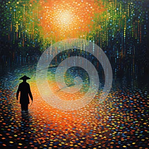 Colorful Impressionism: A Night View Of A Tree With A Man Walking Towards A Hat