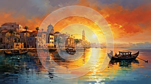 Colorful Impressionistic Venice Scene: Vibrant Uae With Boats And Setting Sun
