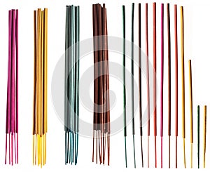 Colorful incense sticks groups and singles