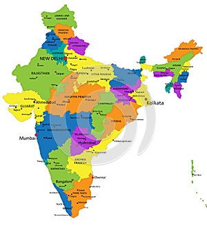 Colorful India political map with clearly labeled, separated layers.