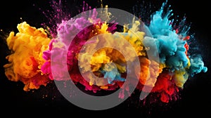 Colorful Indian Holi festival with abstract powder explosion isolated on black background. Frozen movement