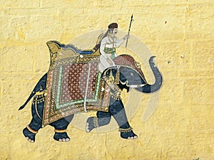 Colorful indian mural in the Meherangarh Fort in Jodhpur, India