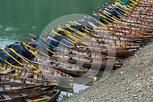 Colorful Indian row boats in Nainital lake in Uttarakhand India