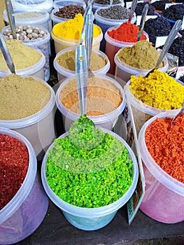 Colorful Indian spices in Anjuna market, Goa, India.
