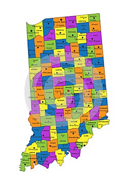 Colorful Indiana political map with clearly labeled, separated layers.