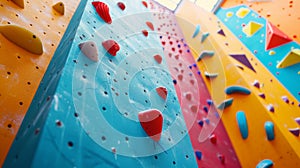 Colorful indoor climbing wall with a variety of holds and vibrant textures