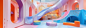 Colorful indoor playground with vibrant slides and rainbow pathways, ideal for children's play and entertainment