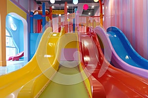 Colorful indoor playground with vibrant slides and rainbow pathways, ideal for children's play and entertainment