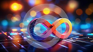Colorful infinity symbol on digital abstract background with vibrant lights
