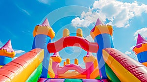 Colorful Inflatable Bounce House Castle Under Sunny Blue Sky for Children's Outdoor Play