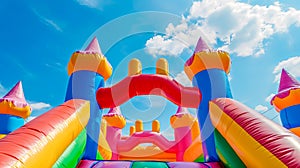 Colorful Inflatable Bounce House Castle Under Sunny Blue Sky for Children's Outdoor Play photo