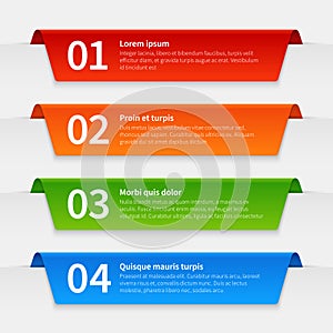 Colorful infographic banners. Tabbed labels template, infographics numbered ribbon frames with text. 3d report vector