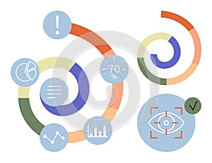 Colorful Infographic Elements with Circular Diagrams, Analytics Icons, and Data Visualization Design