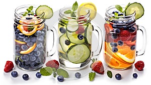 Colorful Infused Water in Mason Jars, Healthy Refreshment Concept. Fruit and Berry Flavors, Ideal for Wellness and Diet