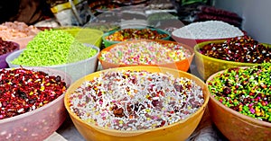 Colorful ingredients of Varanasi Paan that is sweet betel of banaras, India