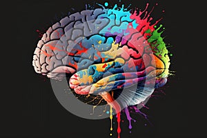 Colorful ink art of the human brain representing happiness and mental health. Generative AI