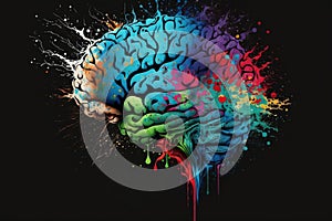 Colorful ink art of the human brain representing happiness and mental health. Generative AI