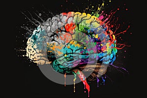 Colorful ink art of the human brain representing happiness and mental health. Generative AI