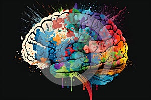 Colorful ink art of the human brain representing happiness and mental health. Generative AI