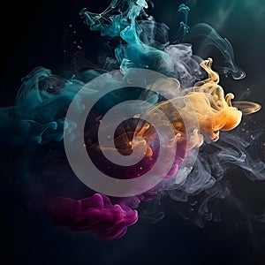 Colorful ink drops in water. Shiny glowing sparkling cloud smoke. Abstract orange, blue, cyan, pink, red, purple art paint