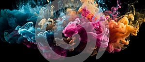 Colorful ink drops in water. Shiny glowing sparkling cloud smoke. Abstract orange, blue, cyan, pink, red, purple art paint