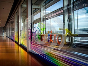 Colorful Innovation word on glass wall office interior