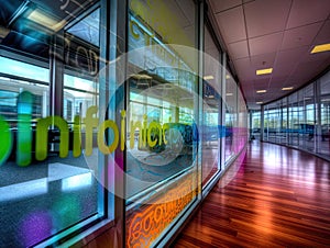 Colorful Innovation word on glass wall office interior