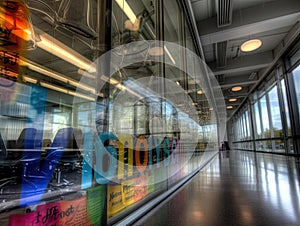 Colorful Innovation word on glass wall office interior