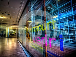 Colorful Innovation word on glass wall office interior