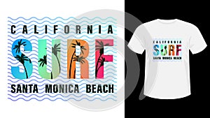 Colorful inscription California, Santa Monica beach surf print white t-shirt.