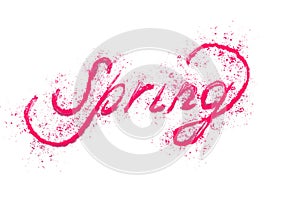 Colorful inscription spring. Painted with pink watercolor brushes. Lettering on a white background