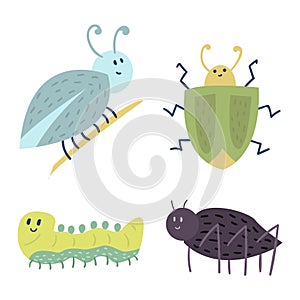 Colorful insects icons isolated wildlife wing detail summer caterpillar bugs wild vector illustration.