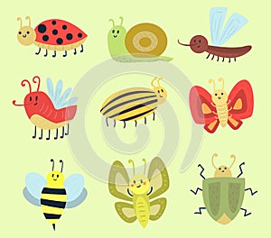 Colorful insects icons isolated wildlife wing detail summer worm caterpillar bugs wild vector illustration.