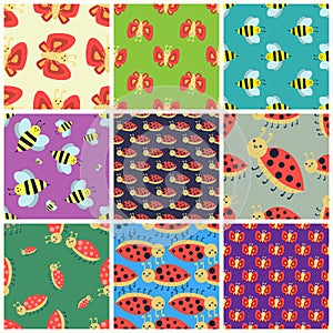 Colorful insects seamless pattern wildlife wing detail summer worm caterpillar bugs wild vector illustration.