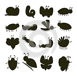 Colorful insects silhouette icons isolated wildlife wing detail caterpillar bugs wild vector illustration.